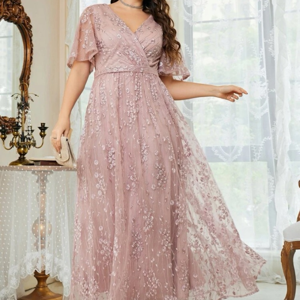 Belle Plus Floral Embroidered Flutter Sleeve Overlap Collar Mesh Bridesmaid Dres